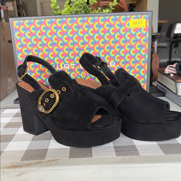 Kurt Geiger Black Suede Platform Heels with Gold Buckle - Picture 1 of 4